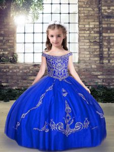 Charming Floor Length Royal Blue Little Girls Pageant Gowns Tulle Sleeveless Beading