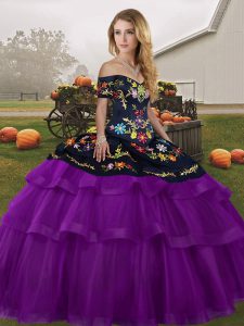 Free and Easy Sleeveless Brush Train Lace Up Embroidery and Ruffled Layers Quinceanera Gowns