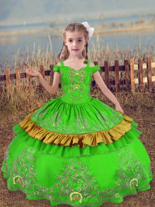 Super Ball Gowns Off The Shoulder Sleeveless Satin Floor Length Lace Up Beading and Embroidery Child Pageant Dress