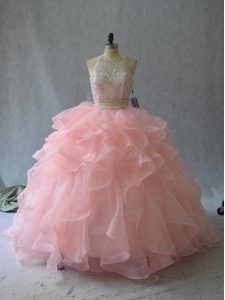 Designer Halter Top Sleeveless Organza Quinceanera Gowns Beading and Ruffles Backless