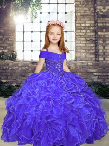 Purple Sleeveless Floor Length Beading and Ruffles Lace Up Little Girls Pageant Dress Wholesale