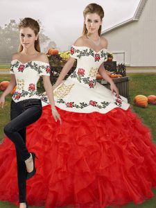 Affordable White And Red Two Pieces Organza Off The Shoulder Sleeveless Embroidery and Ruffles Floor Length Lace Up Sweet 16 Dress