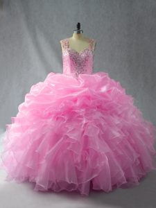 Floor Length Baby Pink Sweet 16 Dress Organza Sleeveless Beading and Ruffles and Pick Ups