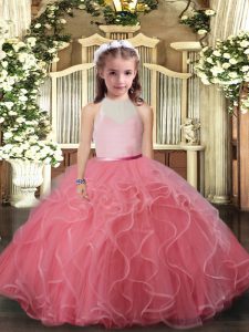 Perfect Watermelon Red Ball Gowns Ruffles Little Girls Pageant Dress Wholesale Backless Tulle Sleeveless Floor Length