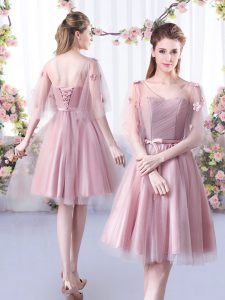 Pink A-line Tulle V-neck Sleeveless Appliques and Belt Knee Length Lace Up Dama Dress for Quinceanera