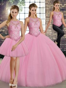 Designer Floor Length Three Pieces Sleeveless Pink 15th Birthday Dress Lace Up