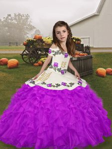 Super Purple Ball Gowns Organza Straps Sleeveless Beading and Ruffles Floor Length Lace Up Little Girl Pageant Gowns