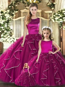 Fuchsia Sweet 16 Dresses Military Ball and Sweet 16 and Quinceanera with Ruffles Scoop Sleeveless Lace Up