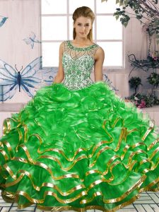 Green Organza Lace Up 15th Birthday Dress Sleeveless Floor Length Beading and Ruffles