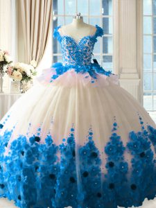 Latest Blue And White Tulle Zipper Scoop Sleeveless Quince Ball Gowns Brush Train Hand Made Flower