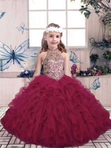 Tulle Sleeveless Floor Length Little Girl Pageant Gowns and Beading and Ruffles