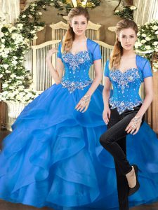 Fine Two Pieces 15th Birthday Dress Blue Sweetheart Tulle Sleeveless Floor Length Lace Up