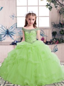 Ball Gowns Kids Formal Wear Yellow Green Scoop Tulle Sleeveless Floor Length Lace Up