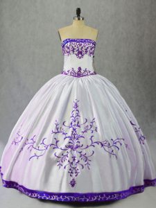 White And Purple Sleeveless Floor Length Embroidery Lace Up 15th Birthday Dress