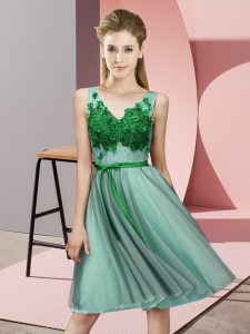 Tulle V-neck Sleeveless Lace Up Appliques Damas Dress in Apple Green