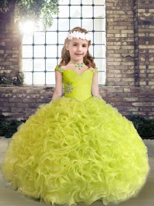 Dramatic Yellow Green Lace Up Straps Beading and Ruffles Kids Formal Wear Fabric With Rolling Flowers Sleeveless