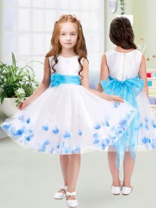 White Tulle Zipper Scoop Sleeveless Knee Length Kids Pageant Dress Appliques and Belt