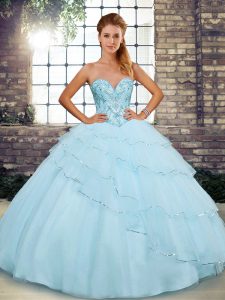 Hot Selling Light Blue Sweetheart Lace Up Beading and Ruffled Layers Ball Gown Prom Dress Brush Train Sleeveless