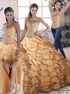 High End Sleeveless Ruffled Layers Lace Up Quince Ball Gowns with Gold Brush Train