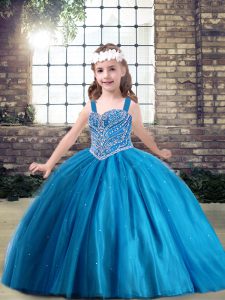 Blue Straps Neckline Beading Girls Pageant Dresses Sleeveless Lace Up