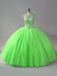 Tulle Lace Up Scoop Sleeveless Floor Length 15 Quinceanera Dress Beading