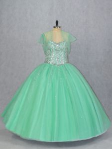 Apple Green Tulle Lace Up Sweet 16 Quinceanera Dress Sleeveless Floor Length Beading