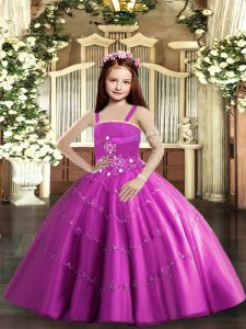 Lilac Taffeta and Tulle Lace Up Pageant Gowns For Girls Sleeveless Floor Length Beading