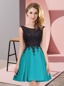 Teal A-line Scoop Sleeveless Satin Mini Length Zipper Lace Quinceanera Court of Honor Dress