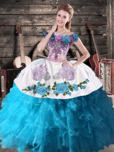 Perfect Off The Shoulder Sleeveless Vestidos de Quinceanera Floor Length Embroidery and Ruffles Teal Organza