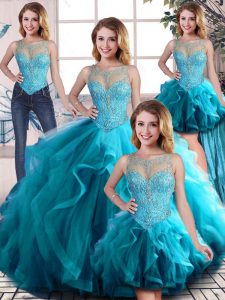 Fine Scoop Sleeveless Lace Up 15 Quinceanera Dress Aqua Blue Tulle