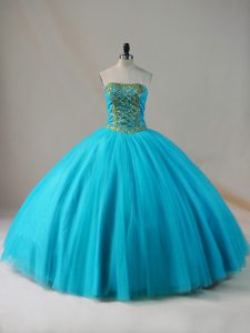 Tulle Strapless Sleeveless Lace Up Beading Quince Ball Gowns in Blue