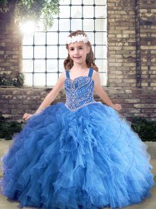 Tulle Straps Sleeveless Lace Up Beading and Ruffles Little Girls Pageant Dress Wholesale in Blue