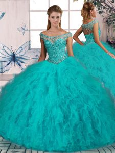 Off The Shoulder Sleeveless Brush Train Lace Up Quinceanera Gowns Aqua Blue Tulle