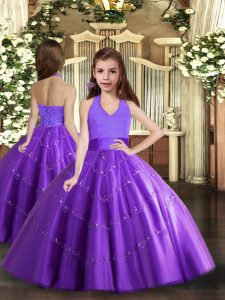 Discount Purple Sleeveless Floor Length Beading Lace Up Little Girls Pageant Gowns