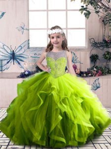 Olive Green Scoop Lace Up Beading and Ruffles Little Girls Pageant Gowns Sleeveless