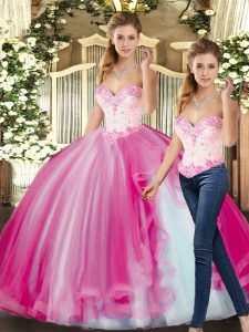 Clearance Sleeveless Tulle Floor Length Lace Up Sweet 16 Quinceanera Dress in Fuchsia with Beading