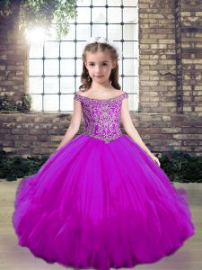 Eye-catching Fuchsia Sleeveless Floor Length Beading Lace Up Little Girls Pageant Dress Wholesale