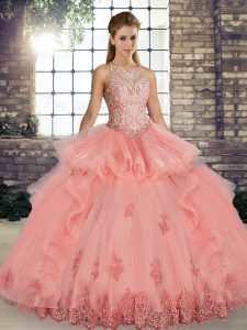 Sleeveless Tulle Floor Length Lace Up Quince Ball Gowns in Watermelon Red with Lace and Embroidery and Ruffles