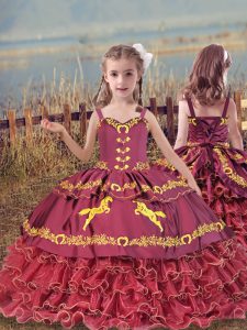 Trendy Wine Red Straps Neckline Beading and Embroidery and Ruffled Layers Pageant Gowns For Girls Sleeveless Lace Up