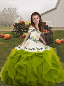 Olive Green Straps Neckline Embroidery and Ruffles Little Girls Pageant Dress Sleeveless Lace Up