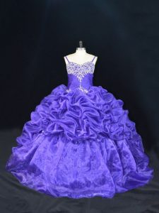 Flare Purple Sleeveless Beading and Pick Ups Lace Up 15th Birthday Dress