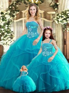 Fantastic Aqua Blue Tulle Lace Up Quince Ball Gowns Sleeveless Floor Length Beading and Ruffles