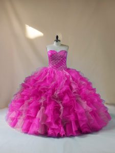 Fuchsia Sleeveless Floor Length Beading and Ruffles Lace Up Sweet 16 Dresses