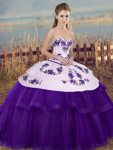 Lovely Sweetheart Sleeveless 15th Birthday Dress Floor Length Embroidery and Bowknot White And Purple Tulle