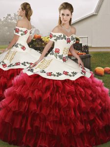 Great Wine Red Organza Lace Up Off The Shoulder Sleeveless Floor Length Quinceanera Gown Embroidery and Ruffled Layers