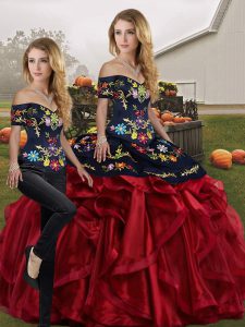 Red And Black Organza Lace Up Quinceanera Gowns Sleeveless Floor Length Embroidery and Ruffles