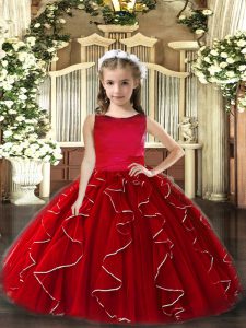 Sleeveless Floor Length Ruffles Lace Up Child Pageant Dress with Red