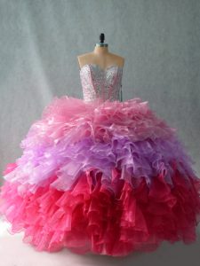 Super Multi-color Ball Gowns Sweetheart Sleeveless Organza Floor Length Lace Up Beading and Ruffles Sweet 16 Dress