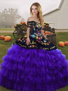 Affordable Embroidery and Ruffled Layers Sweet 16 Quinceanera Dress Black And Purple Lace Up Sleeveless Floor Length