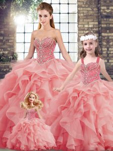 Decent Watermelon Red Sweetheart Neckline Beading and Ruffles Sweet 16 Quinceanera Dress Sleeveless Lace Up